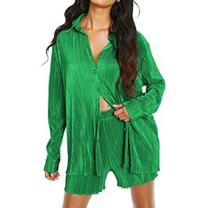 Betrodi Women Two Piece Casual Tracksuit Outfits Long Sleeve Shirt Blouse Top Loose High Waisted Pocket Shorts Set (E Pleated Green, S)