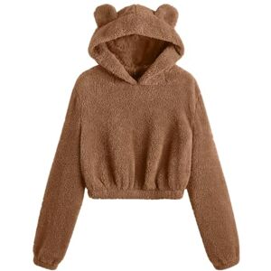 Fluffy Hoodie Winter Warm Lovely Fuzzy Teddy Bear Hoodie Women Cat Ear Plush Hooded Jumper Fleece Faux Fur Fluffy Flannel Pullover Sweatshirt Fluffy Cute Casual Soft Cozy Chunky Cropped Tops Outwear UK Plus Size