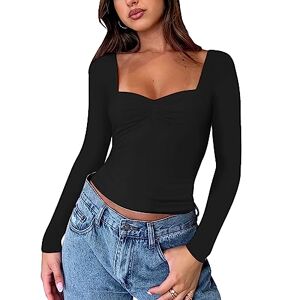 WangsCanis Womens Long Sleeve T Shirts Square Neck Crop Going Out Cute Tops Slim Fit Basics Tee Y2k Fashion Trendy Clothes (B Fitted Black, M)