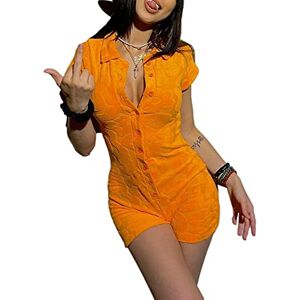 Achlibe Women Summer Playsuit,Solid Color Flocking Polo Neck Short Sleeve Button-Open Tight Jumpsuit Short Overalls (Orange, L)