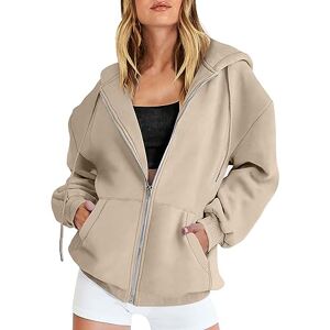 AQ899 Hoodie Tops for Women Fall Pocket Sweatshirt Casual Drawstring Zipper Track Jacket Solid Color Long Sleeve Hooded Top Daliy Blouse Fall Clothes Beige