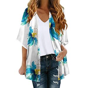 Generic Women Kimono Cardigan Loose Cover Up Fashion Blouse Tops Floral Print Three Quarter Sleeve Cardigan Short Sleeve Sweaters for Women Long T Shirts for Women UK A-Sky Blue