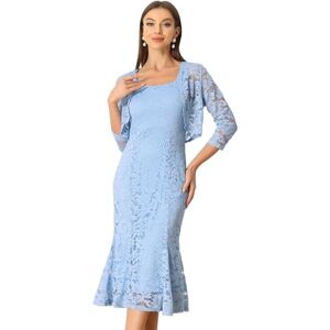 Allegra K 2pc Lace Dress for Women's Sleeveless Fishtail Sheath Dresses and Crop Shrugs Light Blue M