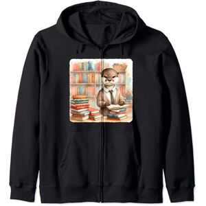 Piles Calm Knowledge Organization Domestic Otter Otter Organizes Books In Cozy Library. Librarian Cardigan Zip Hoodie