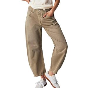 Jieroans Women Fashion Loose Jeans Solid Color Mid-Rise Barrel Denim Pants Spring Summer Casual Trousers Streetwear (Color : Khaki, Size : XL)