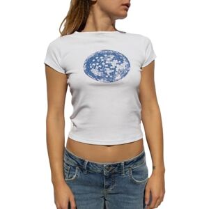 Panlidapan Women Short Sleeve T-Shirts Round Neck Disco Ball Print Solid Color Slim Fit Tops Fashionable Streetwear Clothing (White, S)