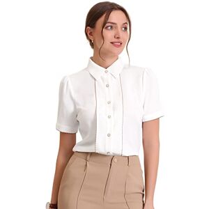 Allegra K Button Down Shirt for Women's 2023 Contrast Trim Puff Short Sleeve Blouse White L