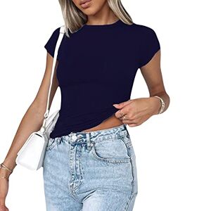 Geagodelia Womens Basic Crop Top Y2K Solid Color Short Sleeve Crew Neck Slim Fit Stretchy T-Shirt Ladies Tee Shirts Summer Gym Workout Going Out Tops for Teens (A 01-Navy, S)