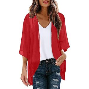 PAIDAXING Women's Chiffon Cardigan 3/4 Sleeve Summer Beach Cover Up Ladies Open Front Kimono Cardigan Shrug Lightweight Sheer Shawl Blouse Casual Beachwear Tops Red