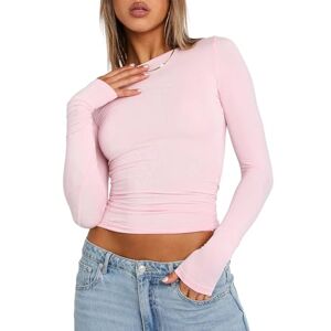 Achlibe Women Long Sleeve Crop Top Y2k Casual Basic Tight Crew Neck Cropped Tee Tshirt Going Out Shirts Blouse (A-a-Pink, L)