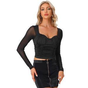 Allegra K Long Sleeve Mesh Tops for Women's Sweetheart Neck 2023 Fall Trendy Ruched Blouse with Padded Bust Black L