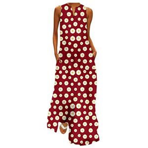 Janly Clearance Sale Woman Long Dress, Plus Size Women Vintage V Neck Splicing Floral Printed Sleeveless Maxi Dress, for Summer (Wine/L)