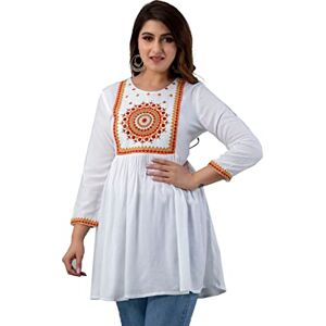 Jai Govindam JG Rayon Embroidered A-line Top For Women 3/4 Sleeve Comfy Tunic For Leggings Loose-Casual T-Shirt, White, Medium