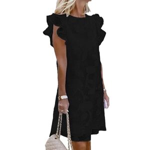 ZANZEA Women Casual Solid Tunic Round Neckline A-line Dress Sleeveless Lace Ruffle Lady Dress 01-Black S