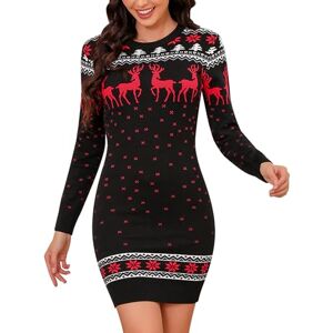 Totatuit Christmas Jumper Dress for Women Novelty Reindeer Snowflakes Knitted Ladies Xmas Dress Long Sleeve Crew Neck Christmas Sweater Pullover Knitwear Black