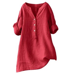 Clodeeu Ladies Henley Neck Shirts Summer Half Sleeve Cotton Linen Button Tops Solid Color Casual Going Out Blouse Baggy Classic Tees Red