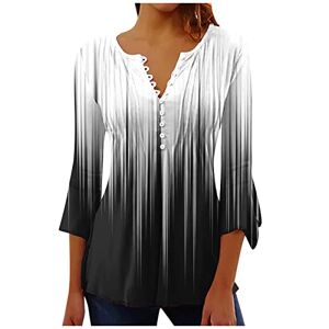 Mothers Day Gifts For Mum Summer 3/4 Tops for Women Pleated Bell Sleeve T Shirts V Neck Button Down Shirts Vintage Floral Print Pleated Tshirts Loose Casual Blouses Elegant Tunic Shirts Dressy Ladies Henley T-Shirts S-5XL