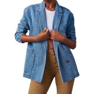 LApooh Denim Blazer Women Denim Jacket, Loose Business Casual Notched Lapel Collar Long Sleeve Button Jeans Jackets,Vintage Lightweight Transition Jacket,S