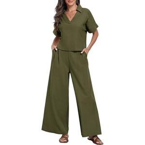 LCDIUDIU Ladies 2 Piece Wide Leg Pants Set, Black V-Neck Rolled Short Sleeves T-Shirt Crop Top Elastic Waist Straight Leg Trousers Lounge Co Ord Sets Summer Casual Going Out Matching Sets Armygreen