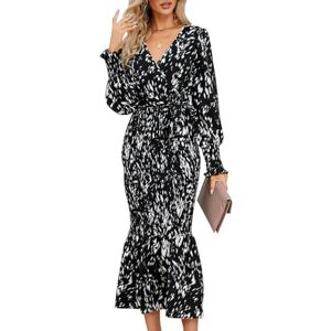 clear wind Women's Leopard Print Shirred Ruffle Trumpet Long Casual Dress Black M