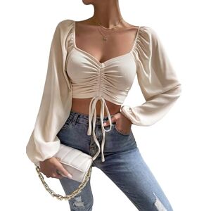 GORGLITTER Women's Ruched Sweetheart Neck Crop Top Rib Knit Long Sleeve Tee Drawstring Tshirts Tops Beige L