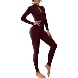 Litthing Women Yoga Jumpsuit Sports Romper Long Sleeve Unitard Stretchy Playsuit Ribbed Knit Zip Up Workout Outfit Slim Fit One Piece Bodysuit Fitness Sportswear Daily Wear