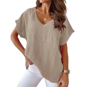 XYMJT T Shirts For Women S-5xl Size Cotton T Shirt Khaki Short Sleeve Tops For Women Summer Solid Color Loose V-neck Shirts White-khaki-xl