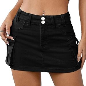 Edhomenn Women Mini Skirt Vintage High Waist Cargo Skirt Solid Color Skirt with Pockets Summer Slim Fit Y2k Denim Skirt Streetwear (02 Black, S)