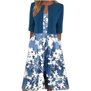 Women Casual Summer Dress Vacation Floral Short Sleeve Maxi Dress Two Piece Set Dress Cardigan Slip Dresses for Women Summer (Navy, S)