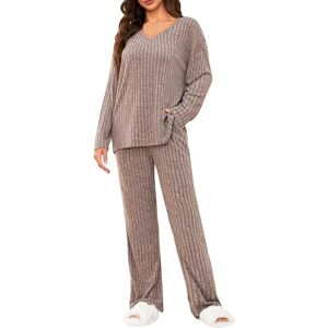 Tuopuda Womens 2 Piece Tracksuit Ladies Ribbed Loungewear Knit Outfits Pyjamas Set Nightwear Homewear V Neck Long Sleeve Jumpers and Wide Leg Trousers with Pockets(Khaki,L)