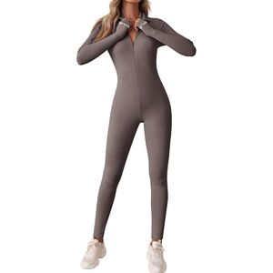 Litthing Women Yoga Jumpsuit Sports Romper Long Sleeve Unitard Stretchy Playsuit Ribbed Knit Zip Up Workout Outfit Slim Fit One Piece Bodysuit Fitness Sportswear Daily Wear