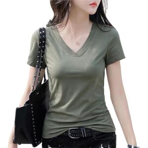 ZHOUT T Shirts For Women Skinny T Shirt Women V-neck Office T-shirt Female Short Sleeve V-neck Cotton Summer T-shirt Femme Solid Color-green-m