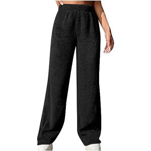 Women Essential Trousers Deals Clearance Women's Fleece Fuzzy Trousers Solid Color Elastic High Waist Straight Leg Pants Fall Winter Warm Comfy Loungewear Ladies Girls Casual Tracksuit Bottoms Black