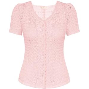 Belle Poque Women Summer Cardigan Lace Patchwork V Neck Short Sleeves Vintage Blouse Top Pink L