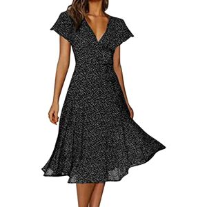 Boho Dresses for Women UK Women Casual Dress Summer Dress V Neck Solid Color Polka Dot Print Dress Short Sleeve Lace Up Tie Dress Black-a