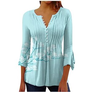 Kuih Womens Tunic Tops 3/4 Sleeves Ladies V Neck Flower Printed Top Casual Loose Comfy Breathe Blouse Elegant Button UP Pullover T-Shirt for Party Dance Office Size 8-16