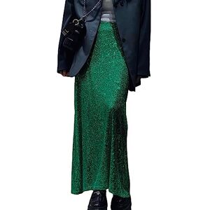 Achlibe Women Sequin Pencil Skirt Plus Size Glitter Low Waist Bodycon A-Line Long Skirt Elegant Formal Party Long Skirt (A-Green, XL)