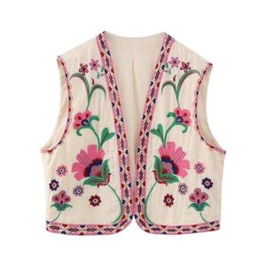 LCDIUDIU Women'S Sleeveless Waistcoats Ethnic Floral Embroidered Crop Vest, Vintage Victorian Open Front Cardigan Jacket Coat Casual Stylish Summer Gilet Outerwear Streetwear, Beige, Xs