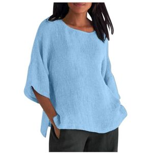 Clodeeu Ladies 3/4 Sleeve Shirts Summer Casual Solid Color Crewneck Cotton Linen Tops Blouse Dressy Shirts for Holiday Daily Travel Light Blue