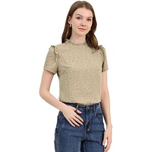 Allegra K Women's Ruffled Retro Short Sleeve Office Polka Dots Blouse Tops Dark Beige 20