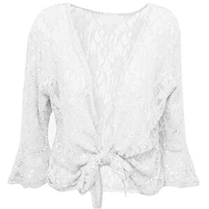 Golomak&#174; Womens Floral Lace 3/4 Sleeve Cardigan Shrug - Ladies Front Tie Up Sequin Bolero Stretch Cropped Top (White, 20-22)