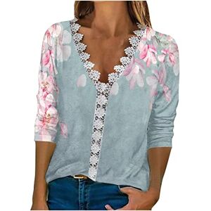 KUIH 3/4 Sleeve Shirts for Women Flower Print Casual Loose Lightweight Tops Lace V Neck Blouse Elegant Party Pullover Tunic T-Shirt Sweatshirts Summer Spring Blouses for Ladies UK Plus Size