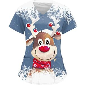 SHITOUJI Christmas Working Uniforms for Women Xmas Scrub Uniform Tunic Tshirts Short Sleeve V Neck Tops Snowman Printing Uniform Blouse Shirts