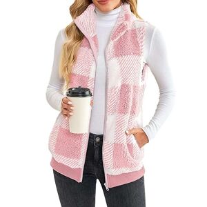 Weyalir Women Fleece Vest Plaid Waistcoat Sleeveless Sherpa Jacket Casual Outerwear Zip Up Ladies Cozy Fuzzy Vests Work Pink L