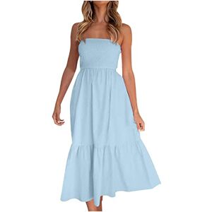 AMhomely Summer Bohemian Dress for Women UK Sleeveless Bandeau Dress Solid Ruffles A-Line Dress Strapless Corset Dress Ruffles Maxi Dress Beach Maxi Dress Ladies Floaty Dress Vacation Light Blue XXL