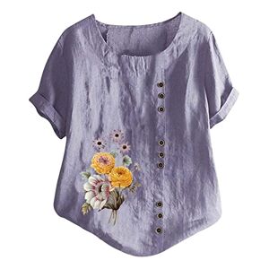 Generic Floral Print Cotton Linen Tops for Women UK Summer Crewneck Short Sleeve T Shirts Ladies Casual Baggy Blouse Dressy Elegant Tunics Purple
