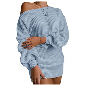 Qiribati Womens Crewneck Sweater Lantern Sleeve Pullover Sweater Off Shoulder Knit Jumper Dresses Blue