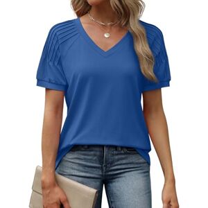 Sampeel T Shirts for Women Summer Tops Ladies V Neck Short Sleeves Pleated Tee Blue Size 22-24