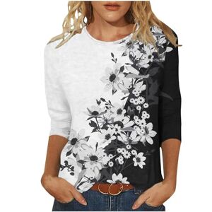 Generic Floral Print Tops for Women UK Summer Crewneck 3/4 Sleeve T Shirts Ladies Casual Baggy Blouse Dressy Elegant Tunics White