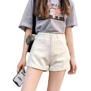 LANMFU Gym Shorts For Women Summer Women High Waist Button Wide Leg Jeans Shorts Casual Female Loose Denim Shorts-white-s